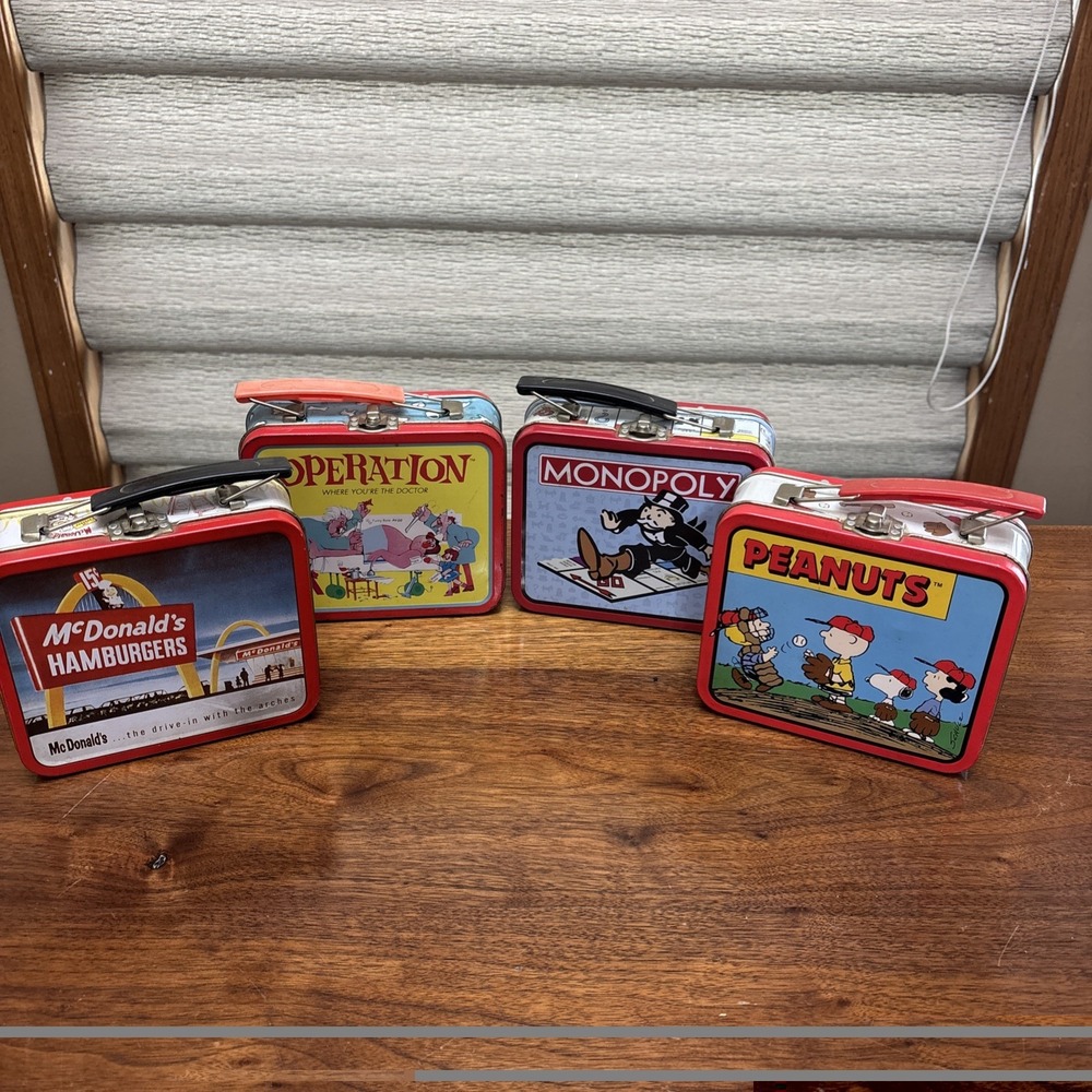 Mini tin lunch boxes lot of 4 VTG 90s 1999 McDonalds Operation Monopoly Peanuts